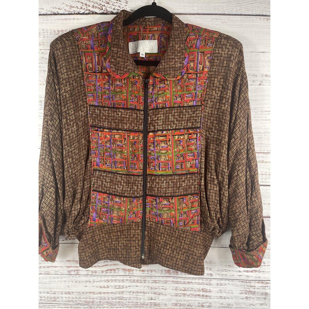 Vintage Platinum Jacket Women's Size M Brown Abstract Zip Up Padded Shoulder 90s - Picture 2 of 7